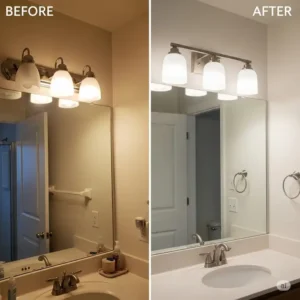 A before and after comparison showing a bathroom upgrade with new bathroom vanity lights brushed nickel.