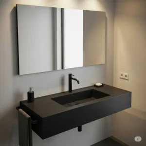 A striking black matte modern bathroom sink with a tall, slender faucet, adding a bold and contemporary touch to the bathroom.