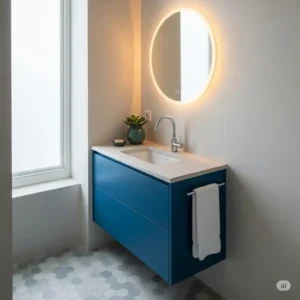 A vibrant, deep blue narrow depth bathroom vanity serving as a stylish focal point in an otherwise neutral-toned small bathroom.