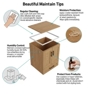 Diagram illustrating tips for maintaining a beautiful oak bathroom vanity, including cleaning methods and ways to protect the wood from moisture.
