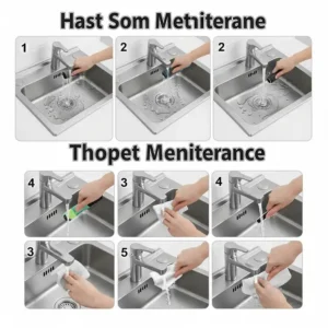Instructions for cleaning and maintaining a stainless steel bathroom sink.