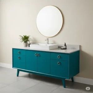 A bold, colorful mid century modern bathroom vanity in a vibrant teal, adding a pop of color to an otherwise neutral bathroom.