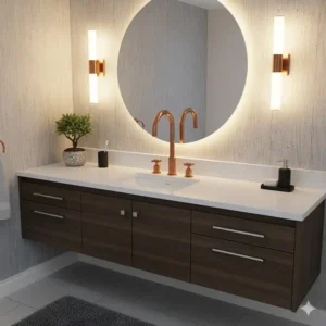 A complete bathroom design featuring a stylish copper bathroom faucets as the centerpiece of the vanity area.