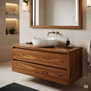 A high-end piece of bathroom furniture, a single-sink vanity made from exotic wood with a vessel sink.
