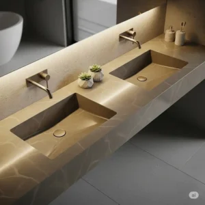 A custom-designed double sink bathroom vanity top made from a unique solid surface material, featuring seamless construction and a modern, clean look.