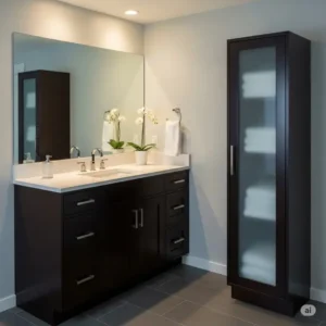 A dark espresso bathroom vanity with a linen cabinet, showcasing a sophisticated and elegant design.