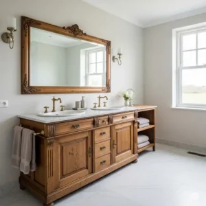 A spacious master bathroom featuring a large antique cabinet repurposed as a functional double sink bathroom vanity, perfect for couples.