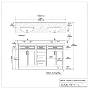  Diagram showing the precise dimensions and measurements of the bathroom vanity with double sink, useful for installation planning.