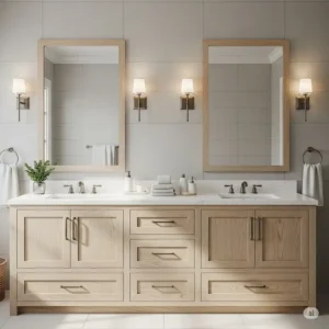 A spacious double-sink white oak bathroom vanity centerpiece in a master bathroom, providing ample counter space and storage for two people, complete with matching mirrors and sconce lighting.