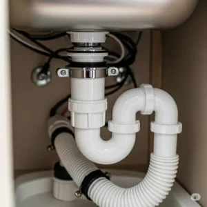 Close-up view of the P-trap and drain assembly for a bathroom sink for motorhome, essential for proper plumbing in a mobile environment.