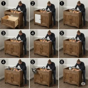 A step-by-step image showing the process of how to install an antique-style bathroom vanity, from plumbing to final placement.