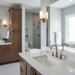 A complete view of a modern bathroom with a chic brushed gold bathroom faucet as the centerpiece, complemented by sleek fixtures and neutral tones.