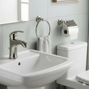 A matching set of polished nickel bathroom faucet fixtures, including a faucet, towel ring, and toilet paper holder, creating a cohesive and stylish look.