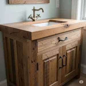 An example of a handcrafted reclaimed wood bathroom vanity, featuring unique distressed textures and a sustainable, eco-friendly design.