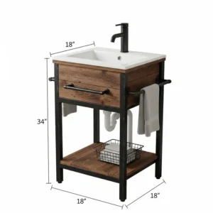 A small, single-sink rustic industrial bathroom vanity, perfect for compact powder rooms and maximizing space.
