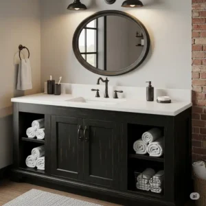 A black rustic looking bathroom vanities in a distressed finish, offering a bold and modern twist on classic rustic furniture.