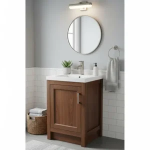"Compact walnut bathroom vanity perfectly suited for a small bathroom or powder room, optimizing space without compromising on style or functionality."
