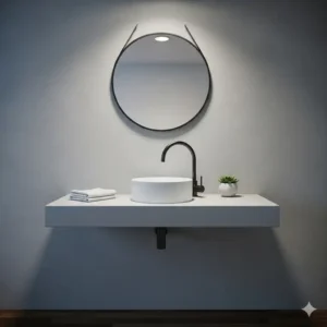 A tiny round vessel sink placed on a floating countertop, a stylish option for small sinks and vanities for small bathrooms.