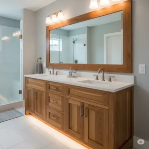 A cohesive bathroom design showcasing a solid wood bathroom vanity and a matching framed mirror, creating a unified and polished look.