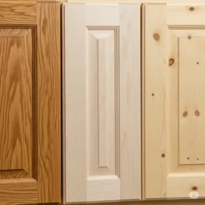A comparison of different wood materials, such as oak and pine, commonly used to construct unfinished bathroom vanities.