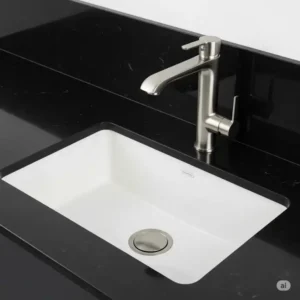 A stylish under counter bathroom sinks setup, paired with a modern brushed nickel faucet, showcasing a complete fixture setup.