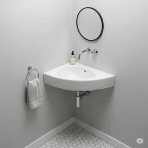 A space-efficient wall mounted bathroom sinks installed in a compact powder room. Its design is ideal for maximizing a small, awkward space.