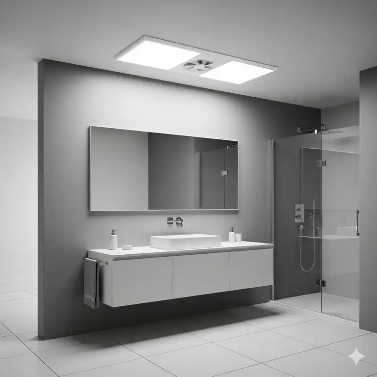 A modern bathroom featuring a sleek, ceiling-mounted bathroom led light with exhaust fan combo unit, providing both efficient lighting and ventilation.