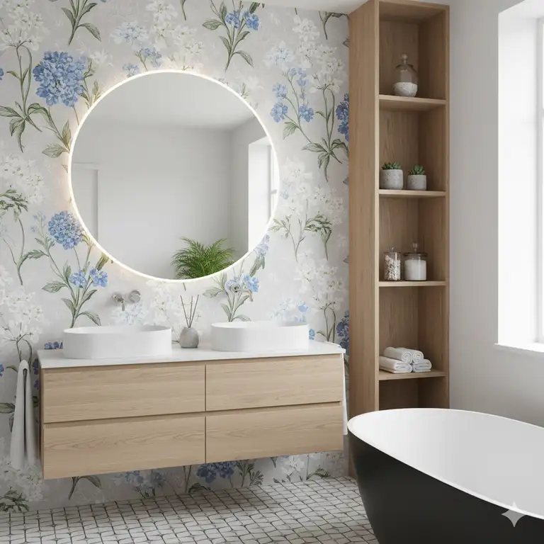 Modern bathroom with elegant floral wallpaper, a stylish vanity, and a large mirror, showcasing beautiful bathroom design with wallpaper for bathrooms.