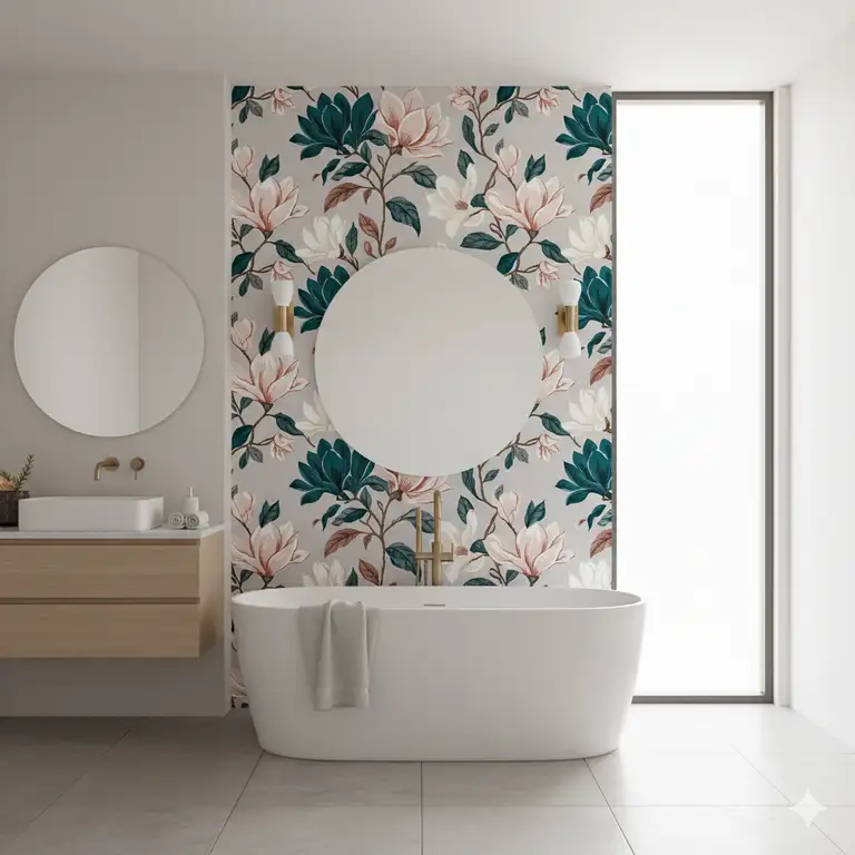 A modern bathroom with a beautiful floral bathroom wallpaper peel and stick accent wall, creating a sophisticated and stylish look.
