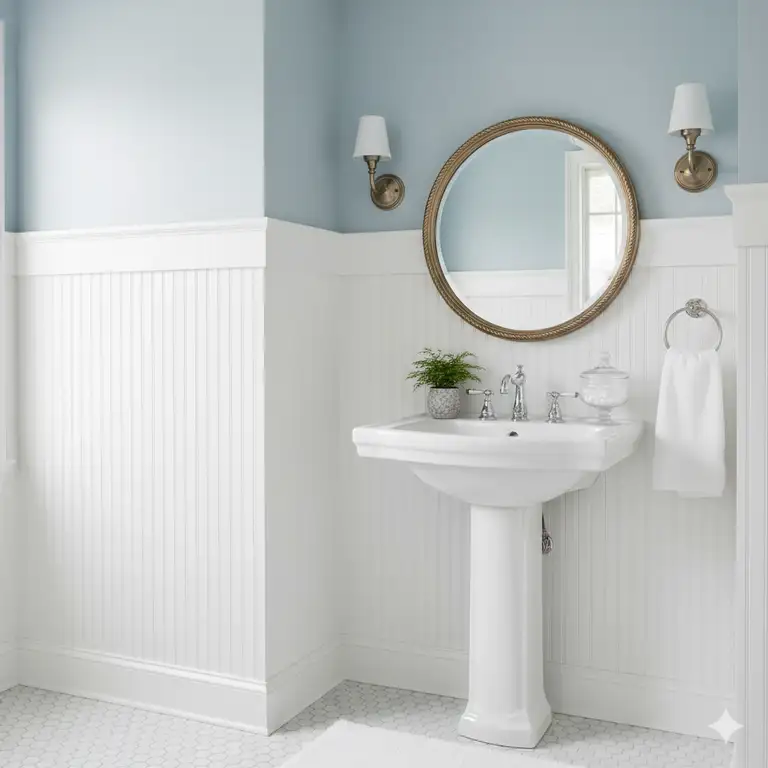 A beautifully designed bathroom featuring white beadboard wainscoting, a pedestal sink, and light blue walls, creating a classic and fresh aesthetic, showcasing beadboard in bathroom.