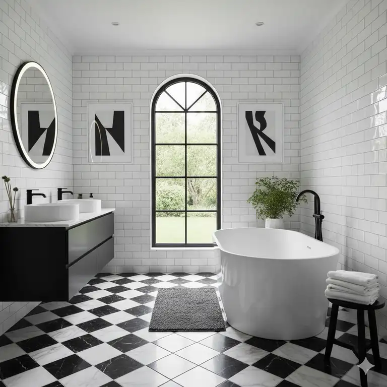 A beautiful black and white tile floor bathroom with a classic clawfoot tub and modern fixtures.