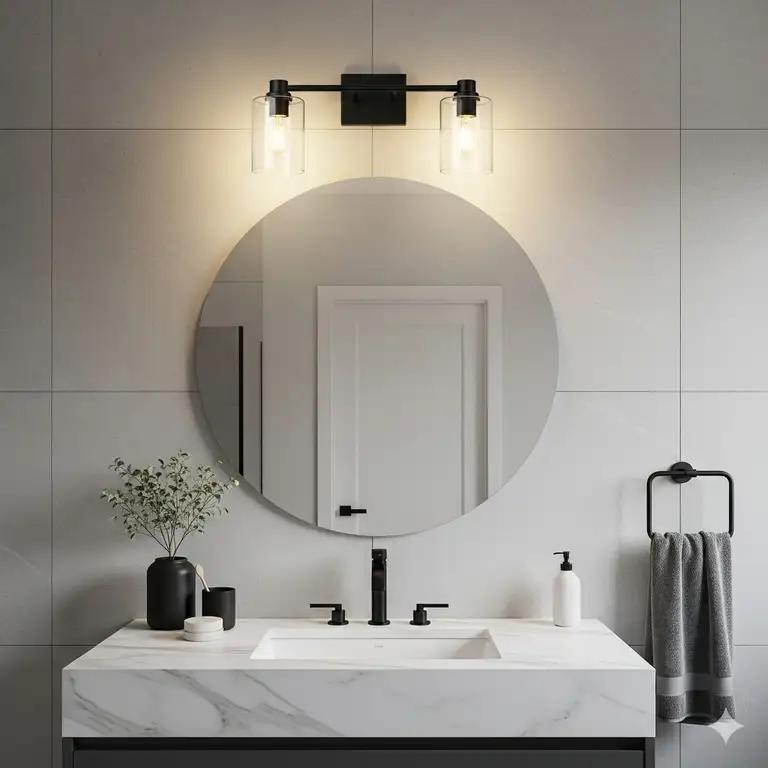 A stunning black bathroom sconce illuminates a modern vanity, highlighting its elegant design and the sleek lines of the bathroom decor.