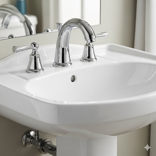 A modern centerset bathroom faucet with a chrome finish and two handles installed on a white pedestal sink.