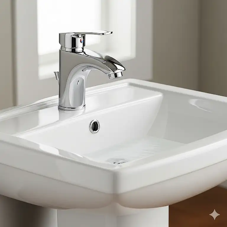 A modern Delta single lever bathroom faucet with a chrome finish, installed on a white pedestal sink, showcasing its sleek design and easy operation.