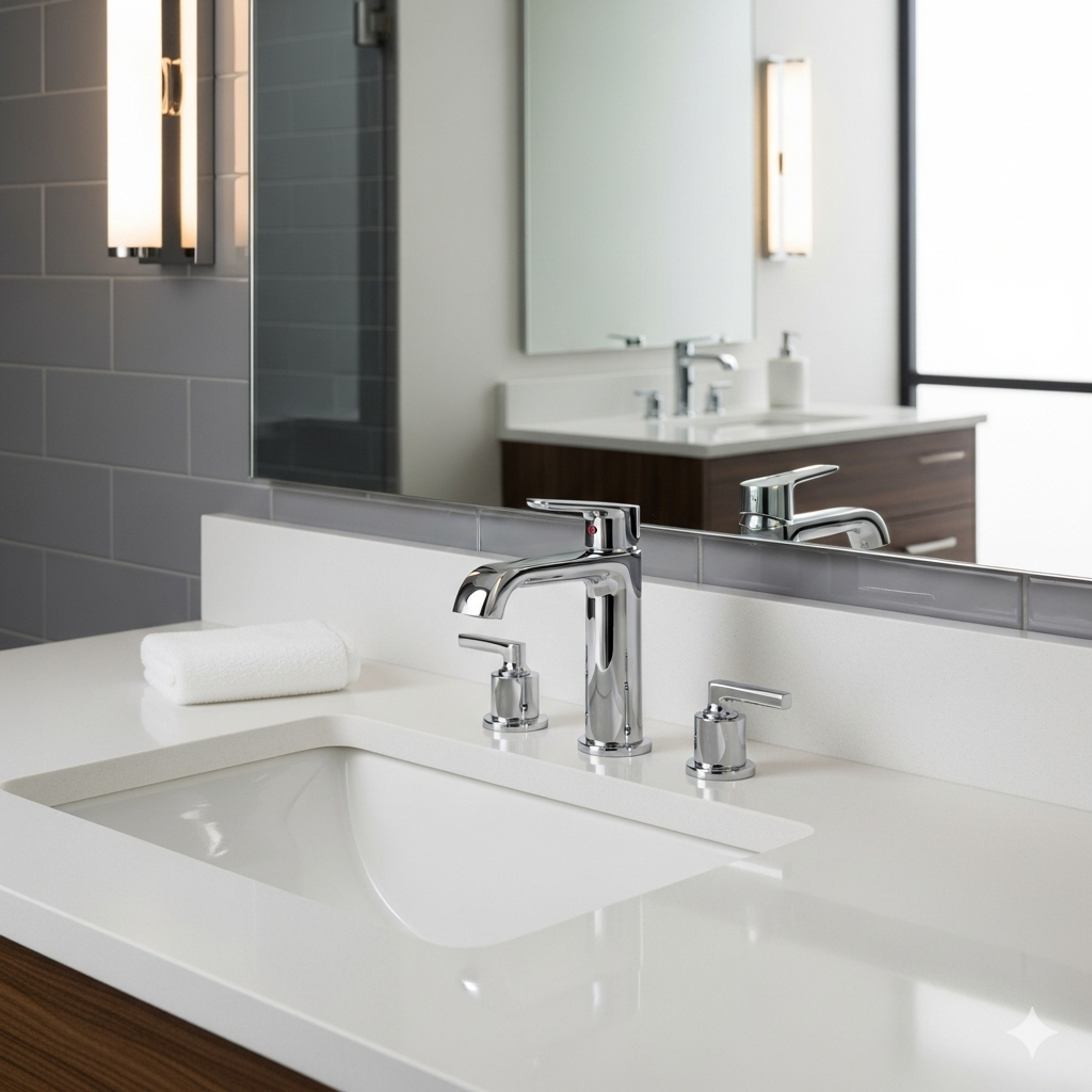 A featured image of the Delta Trinsic bathroom faucet, showcasing its elegant and contemporary design in a complete bathroom setting.