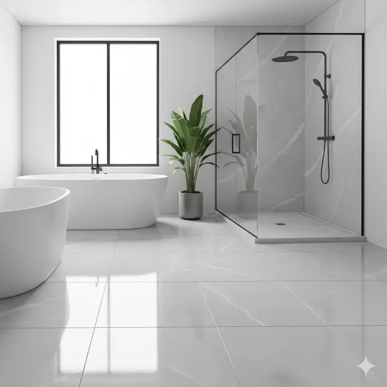 A beautifully seamless and durable epoxy bathroom floor, showcasing its modern aesthetic and waterproof finish, perfect for contemporary home renovations.