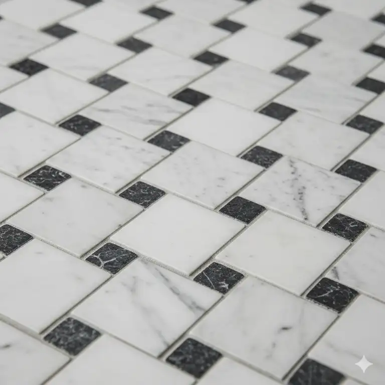 A stunning, close-up shot of a classic marble basketweave bathroom floor showcasing the intricate pattern and natural stone beauty.marble basketweave bathroom floors