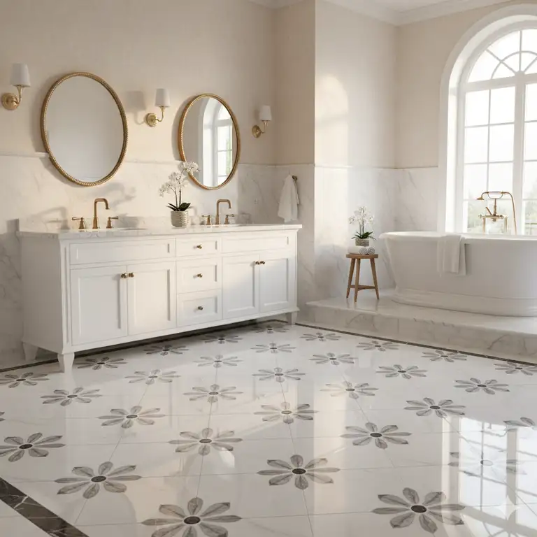 "Elegant bathroom featuring a luxurious marble daisy tile floor bathroom, complementing a classic white vanity and soft natural lighting."marble daisy tile floor bathroom photos