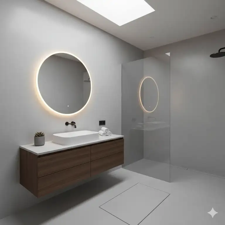 A modern microcement bathroom with a floating vanity and a large, round mirror.