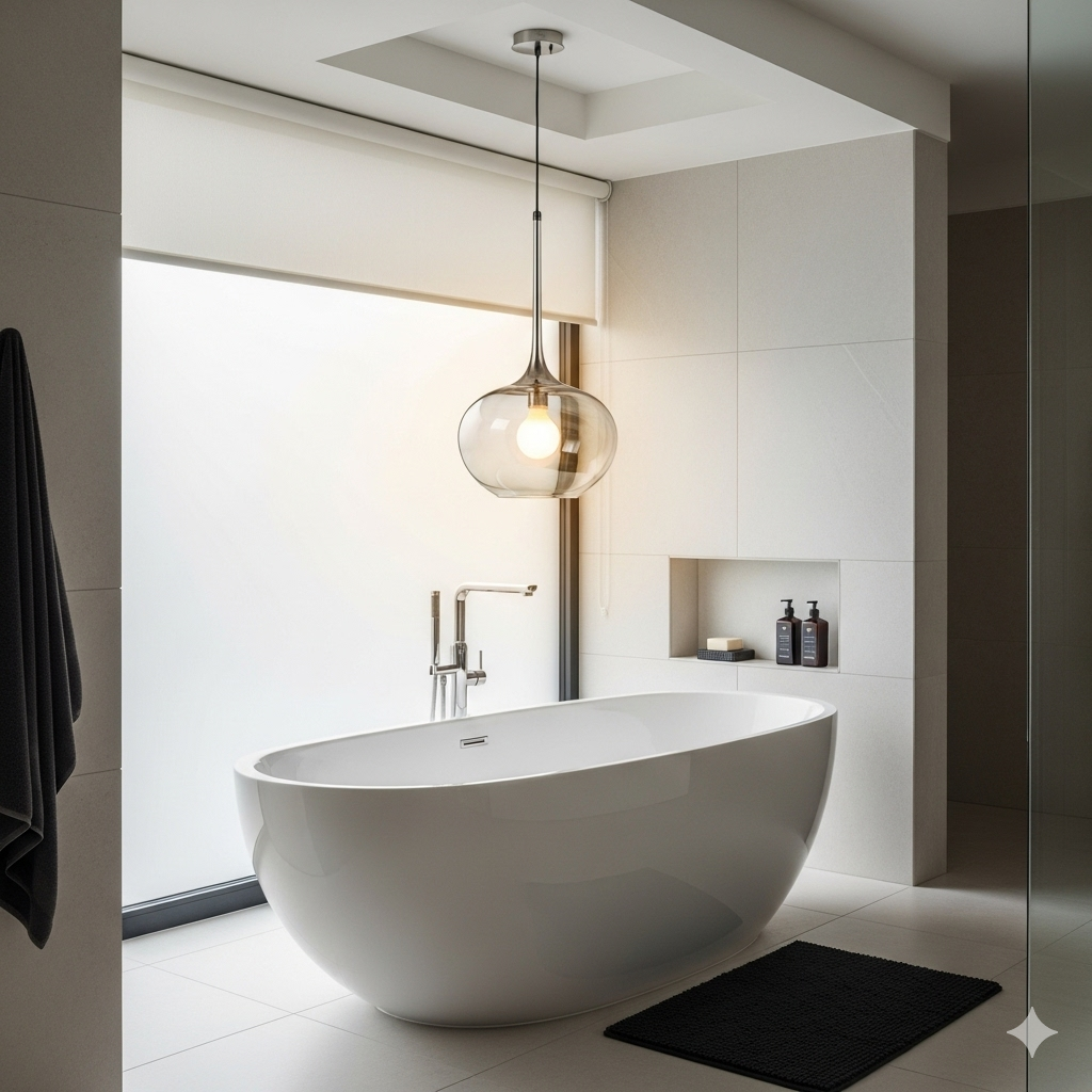 A stylish, modern glass bathroom pendant light hangs over a freestanding bathtub, creating a luxurious and inviting ambiance in a contemporary bathroom.
