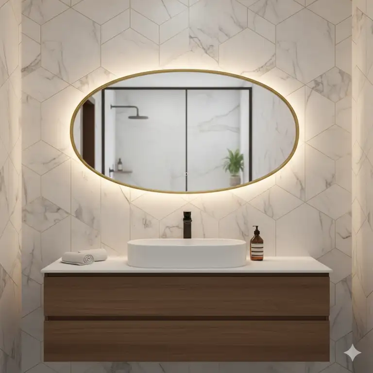 "Elegant oval bathroom mirror with a sleek frame, perfect for modern and contemporary bathroom designs."