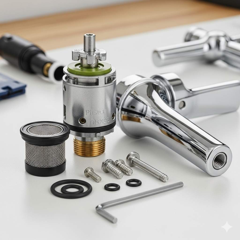 A close-up view of various Pfister bathroom faucet parts neatly organized, including a cartridge, handle, and aerator.