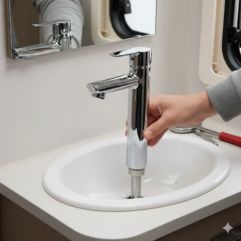 A sleek, modern chrome RV bathroom faucet being installed in a small sink.