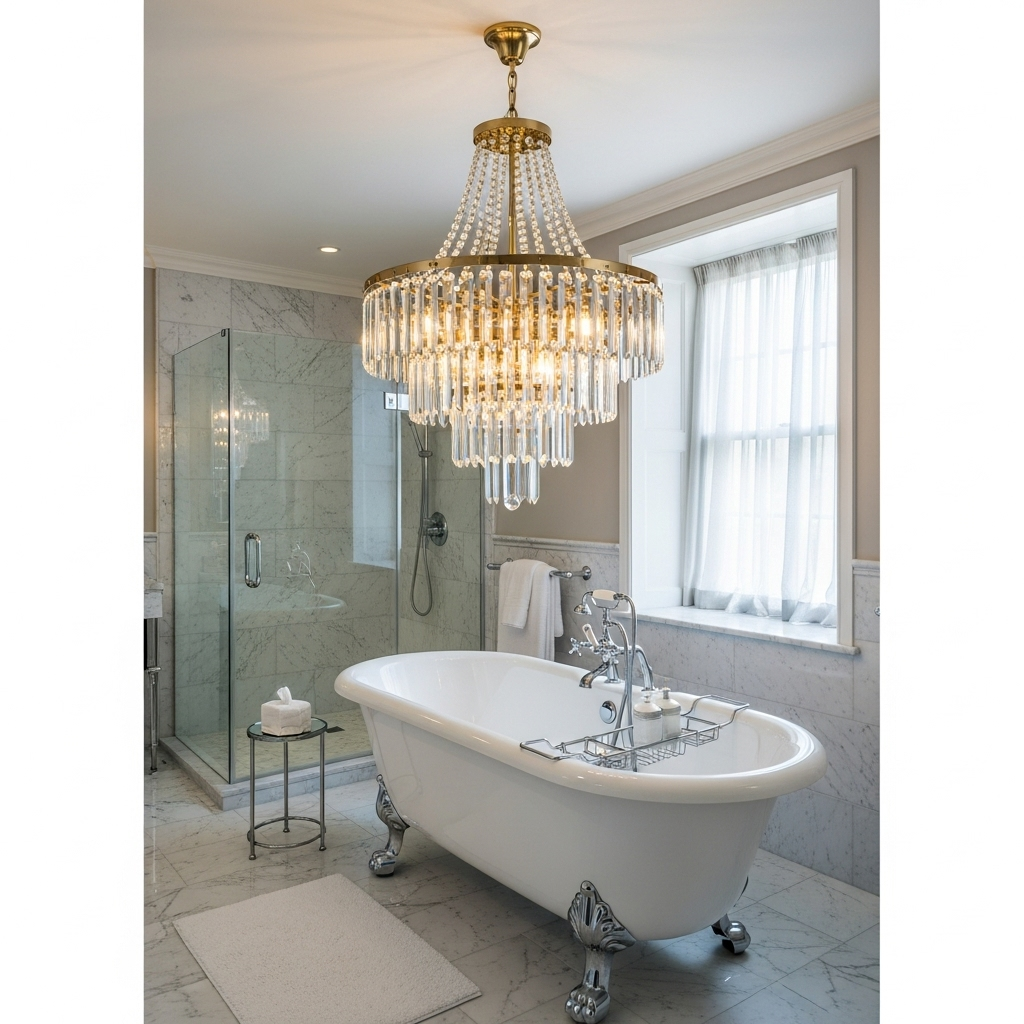 A stunning crystal bathroom chandelier hangs above a freestanding white tub in a modern, spa-like bathroom, casting a soft, elegant glow.
