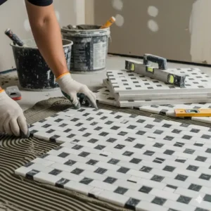 A skilled tiler installing a marble basketweave bathroom floor, highlighting the precise work required for the intricate tile pattern.