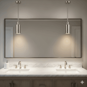 Two matching brushed nickel bathroom pendant light fixtures flank a large mirror above a double vanity, providing focused task lighting and a symmetrical aesthetic.