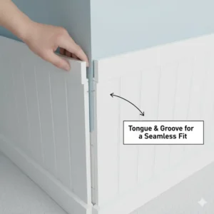 Close-up illustration showing the simple installation process of beadboard panels in a bathroom, highlighting tongue-and-groove edges for a seamless fit, demonstrating beadboard in bathroom application. 