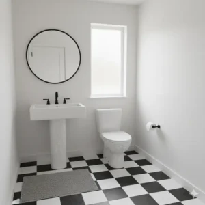 A small, contemporary black and white tile floor bathroom featuring a geometric tile pattern.