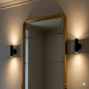 A pair of black bathroom sconces installed on either side of a large vanity mirror, providing balanced and ambient lighting.