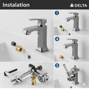 Step-by-step guide on how to install a new Delta single lever bathroom faucet, showing the necessary tools and connections.